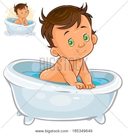 Vector illustration of small child take a bath isolated on white. Print, template, design element