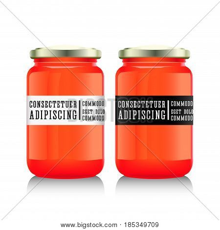 Glass jar with with jam, confiture or honey. Vector illustration. Packaging collection. Label for jam. Bank realistic. Mock up mason jar with design label or badges