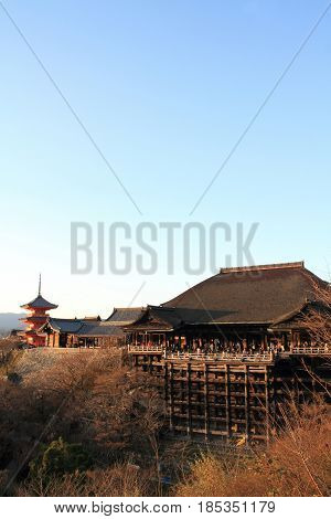 Main Hall And Three-story Pagoda Of Kiyomizu Dera In Kyoto, Japan (evening Scene)