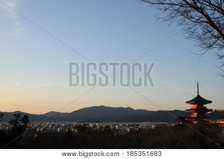 Three-story Pagoda Of Kiyomizu Dera In Kyoto, Japan (evening Scene)