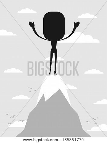 silhouette of free cheering woman open arms at mountain peak