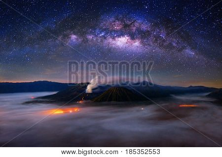milky way over Bromo Mount in Bromo Tengger Semeru National Park East Java Indonesia.