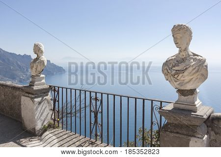 View with statues from the city of Ravello Amalfi Coast Italy Europe to connote a concept of tourism and culture