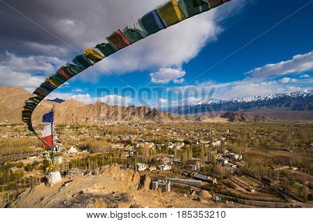 View of Leh city the capital of Ladakh Northern India. Leh city is located in the Indian Himalayas at an altitude of 3500 meters.