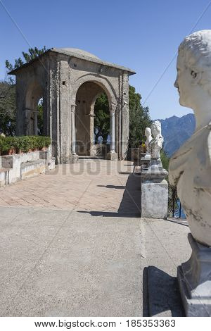 View with statues from the city of Ravello Amalfi Coast Italy Europe to connote a concept of tourism and culture