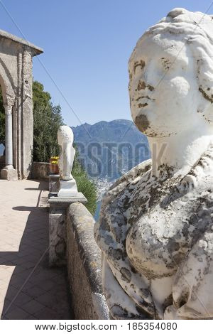 View with statues from the city of Ravello Amalfi Coast Italy Europe to connote a concept of tourism and culture