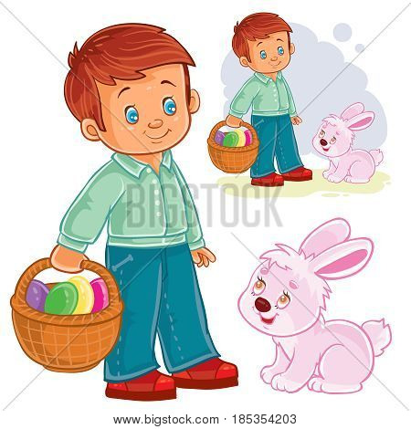 Vector Easter illustration of a little boy with a basket for Easter hunting next to the Easter bunny. Print, shablon, design element