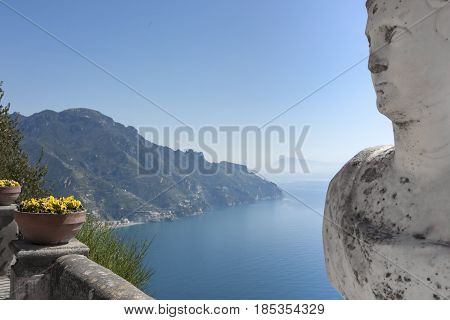 View with statues from the city of Ravello Amalfi Coast Italy Europe to connote a concept of tourism and culture