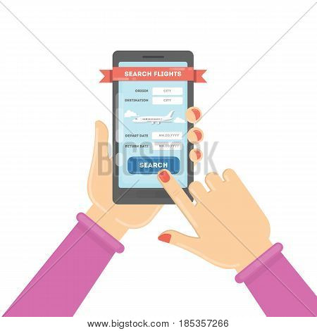 Flight ticket search. Female hands holding smartphones with online booking. Search flights.