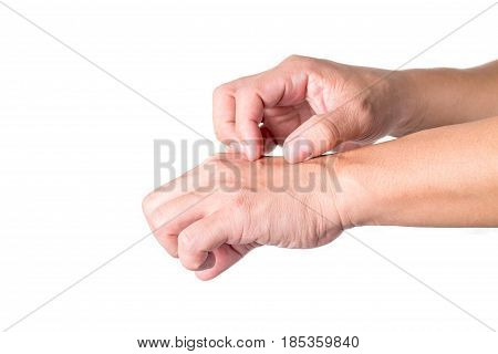Man Scratching Hand. Isolate on white background