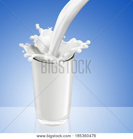 Splash of milk from the glass .Blue background. 3d rendering