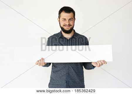 Man Hands Hold Show Blank Box Banner