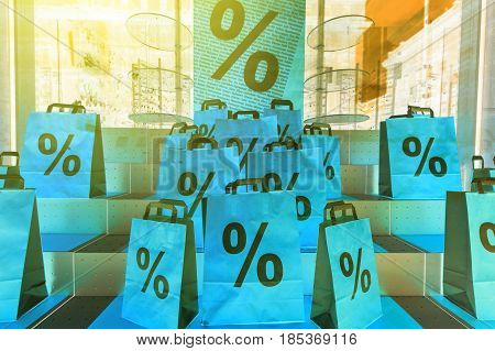 Blue communication - Marketing campaign with Sale Shopping bags in windows store on shopping avenue