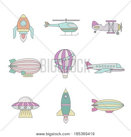 Air transportation outline colored icon set. Clean and simple design. Part five.