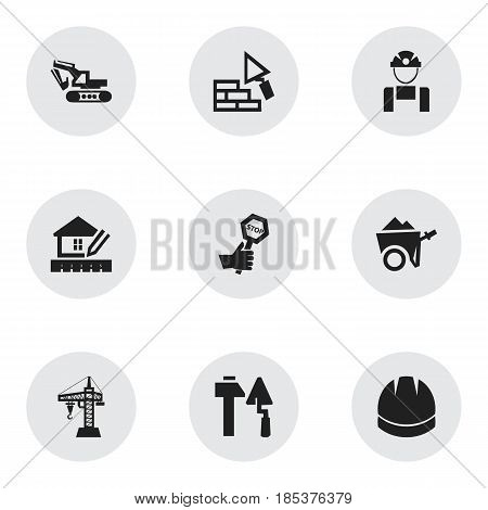 Set Of 9 Editable Building Icons. Includes Symbols Such As Hardhat, Endurance, Construction Tools And More. Can Be Used For Web, Mobile, UI And Infographic Design.