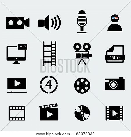 Set of sixteen cinema video icons . Film tape, video folder. Vector design