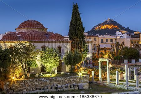 ATHENS, GREECE - MAY 2, 2017: Lycabettus hill and Roman Agora in the old town of Athens, Greece on May 02 2017.