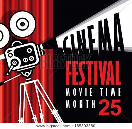 Vector movie time poster with cinema Red Curtains and old fashioned movie camera. Movie background with words cinema festival. Can used for banner poster web page background