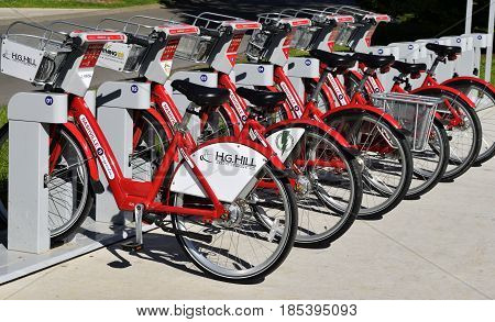 NASHVILLE, TENNESSEE, USA - MAY 01, 2017: Nashville B Cycle bike rental at Centennial Park and throughout the city.