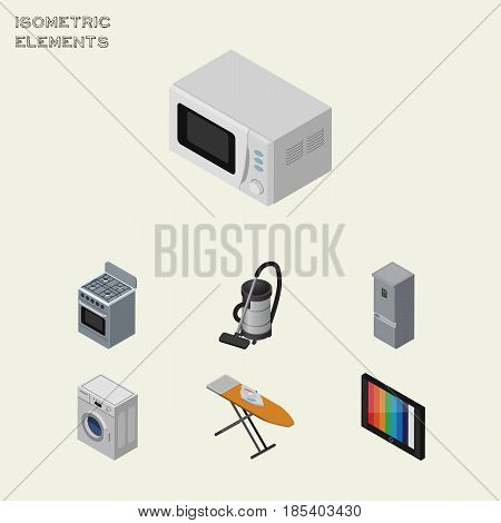 Isometric Technology Set Of Television, Stove, Cloth Iron And Other Vector Objects. Also Includes Fridge, Kitchen, Vac Elements.