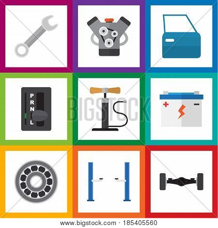 Flat Auto Set Of Accumulator, Wheel Pump, Automobile Part And Other Vector Objects. Also Includes Wrench, Carrying, Door Elements.