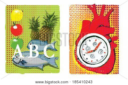 A set of two illustrations about cardio. Food for the nutrition of the heart muscle: pineapple fish lemon apple tomato An anatomical image of the heart with a stylized stopwatch inside. On an ornamental background