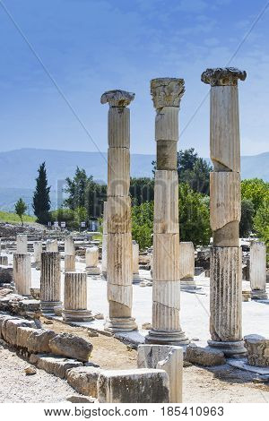 The ruins of the ancient antique city of Ephesus the library building of Celsus, the amphitheater temples and columns. Candidate for the UNESCO World Heritage List