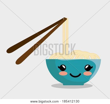 Kawaii bowl with noodles and chopsticks over white background. Vector illustration.