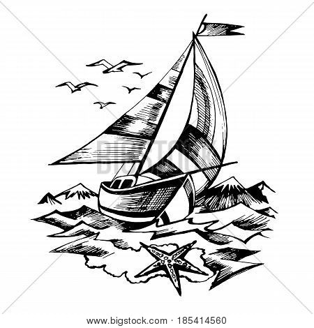 Sailing boat vector sketch isolated with waves and mountains. Starfish. Yachts, floating on the water surface.