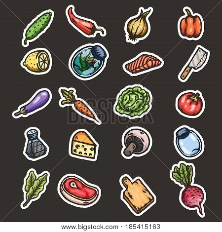 Hand drawn cartoon seamless pattern of food and kitchen stuff. Vector isolated illustrations.