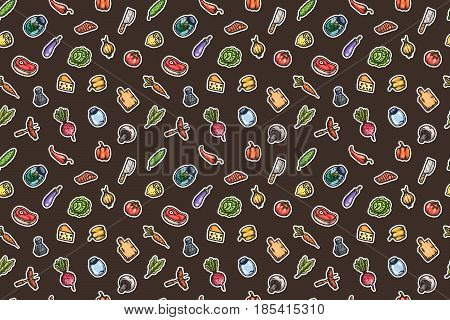 Hand drawn cartoon seamless pattern of food and kitchen stuff. Vector isolated illustrations.
