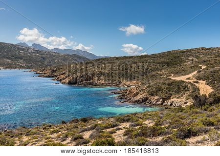 Rocky coastline and footpath at Revellata near Calvi in the Balagne region of Corsica with clear turquoise Mediterranean sea and blue sky