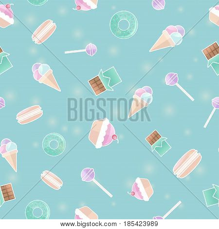 Print with sweets, flat design style. Seamless pattern with chocolate, ice cream, macarons, lollipops and cakes. Vector illustration. All elements are grouped.