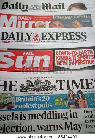 Bracknell, England - May 08, 2017: A random selection of British daily newspapers currently in circulation