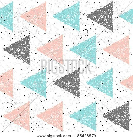 Doodle Triangle Seamless Background. Black, Blue And Pink Triangle.