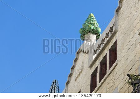 Beautiful Detail Of The Palace Guell By Gaudi­ In Barcelona, Spain