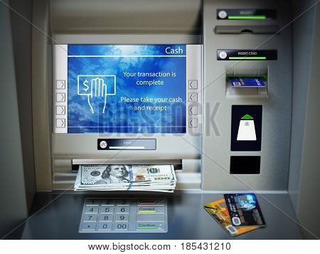 ATM machine, money cash and credit cards. Withdrawing dollar banknotes. 3d illustration