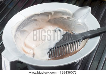 Hair coloring solution in a mixing bowl