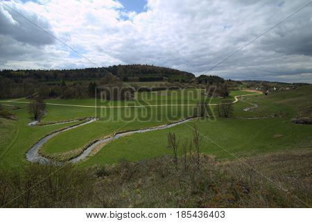 The River Wissinger Laber In Bavaria, The Town Wissing Can Be Seen In The Background