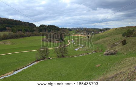 The River Wissinger Laber In Bavaria, The Town Wissing Can Be Seen In The Background