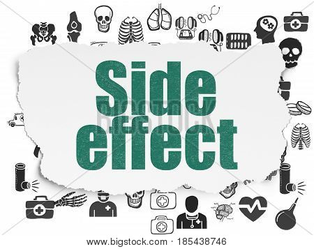 Healthcare concept: Painted green text Side Effect on Torn Paper background with  Hand Drawn Medicine Icons