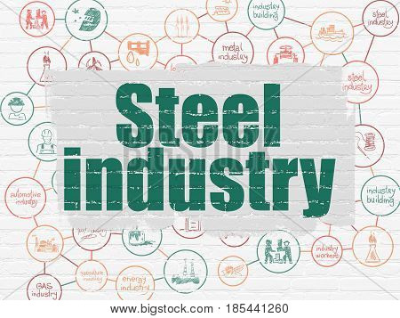 Manufacuring concept: Painted green text Steel Industry on White Brick wall background with Scheme Of Hand Drawn Industry Icons