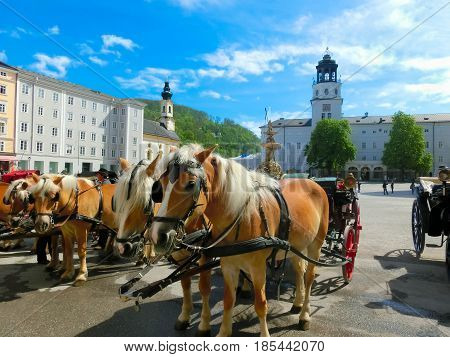 Central place in Salzburg city , Austria with carriages and horses