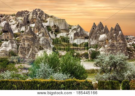 Mountain landscape panoramic view. Cappadocia, Turkey. Goreme national park.