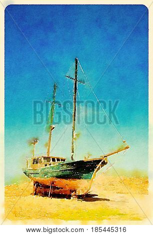 Digital watercolour of old abandoned ship in a blue sky