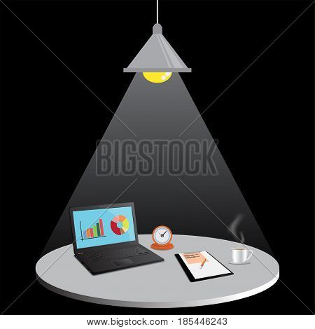 Laptop computer with Document file Work at night,  working late, working overtime, vector illustration.