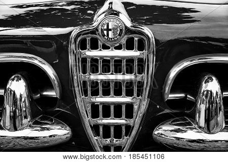BERLIN - MAY 11: Emblem Alfa Romeo Giuletta Spider (black and white) 26. Oldtimer-Tage Berlin-Brandenburg May 11 2013 Berlin Germany