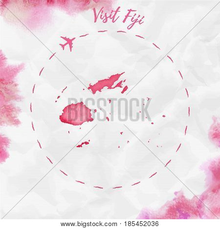Fiji Watercolor Map In Red Colors. Visit Fiji Poster With Airplane Trace And Handpainted Watercolor