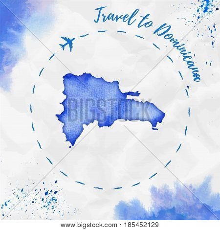 Dominicana Watercolor Map In Blue Colors. Travel To Dominicana Poster With Airplane Trace And Handpa