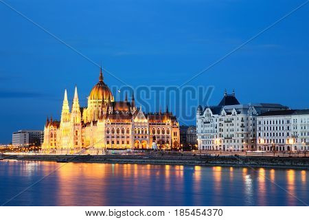 Illuminated Budapest Parliament at Dusk in Hungary